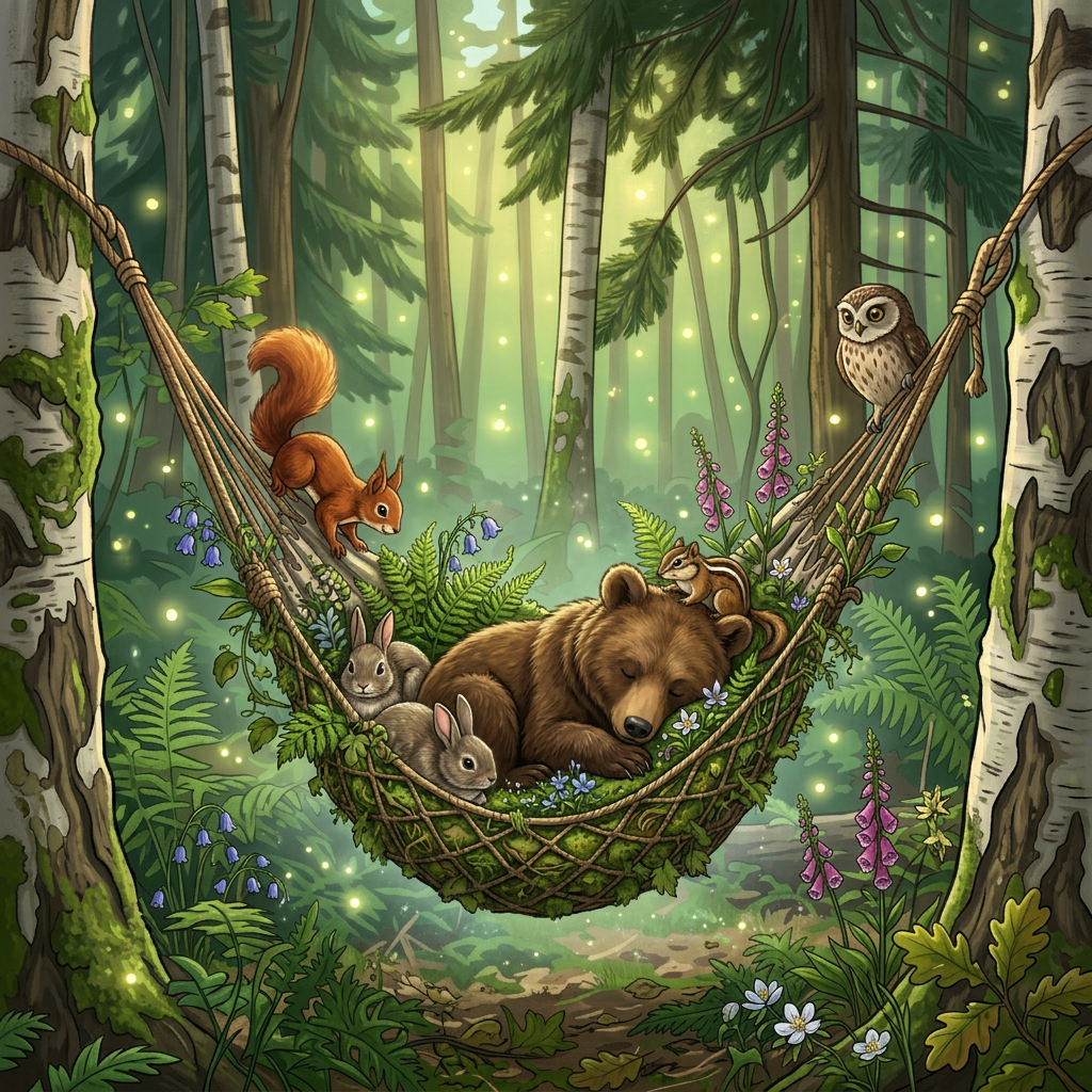 Bear cub sleeping in hammock with rabbits, squirrel, chipmunk, and owl in forest