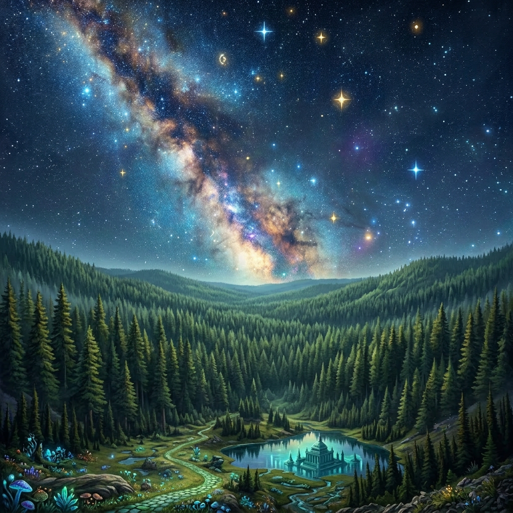 Remove mountains, horses, planets, people; trees only below