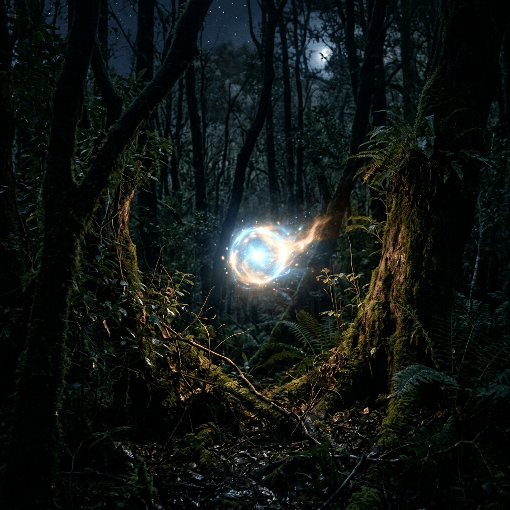 Glowing blue and orange magical orb floating between moss-covered tree trunks in a dark forest at night