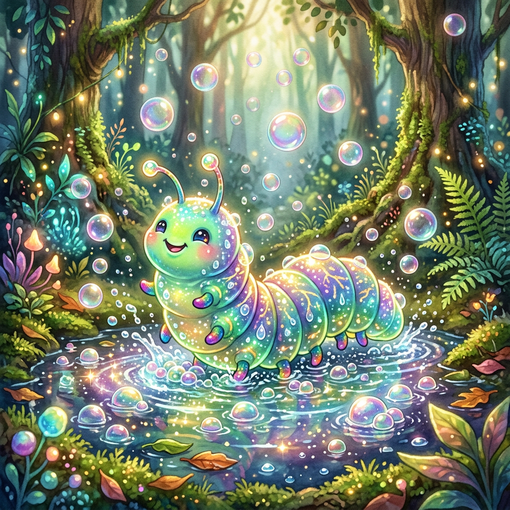A glowing, smiling caterpillar with sparkling patterns splashing in a forest pond with floating bubbles around.