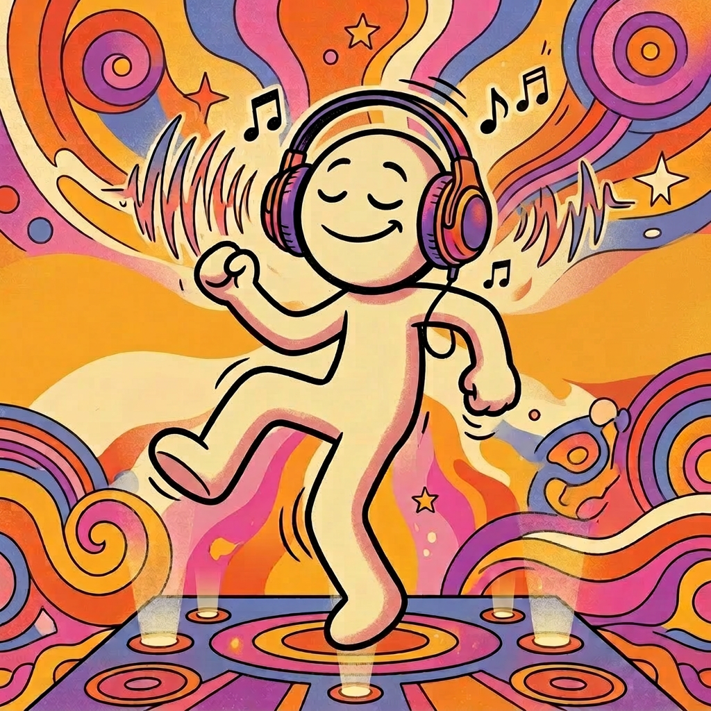 Animated smiling character wearing headphones dancing to groovy beats on a colorful background